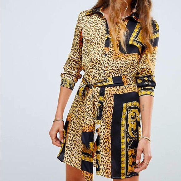 PrettyLittleThing. Chain Print Shirt Dress. Women's. Size 0. X-Small. Leopard. - Picture 1 of 9